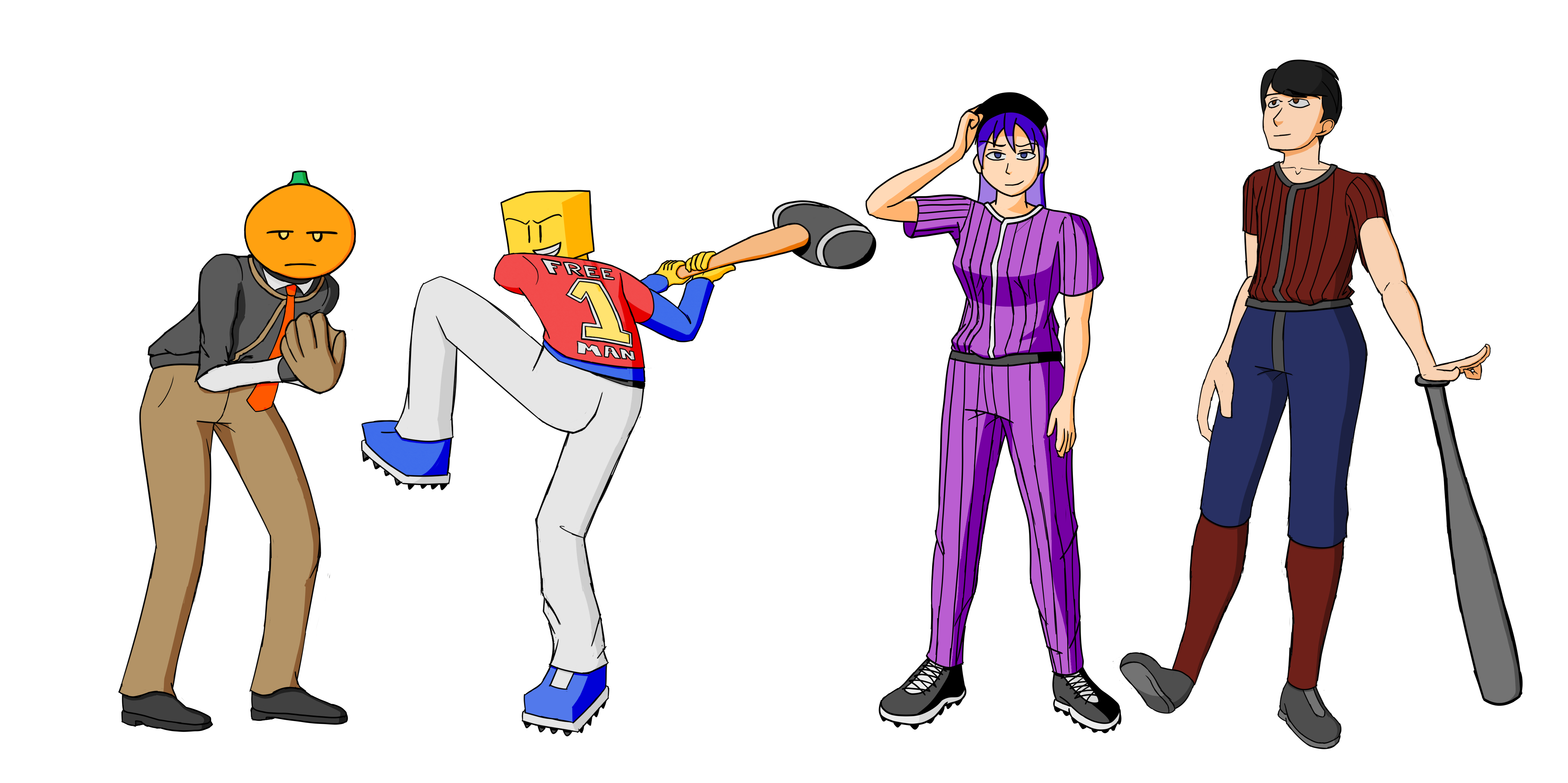 Gourdon, Taz, Kagami, and Mulnier dressed in baseball uniforms.